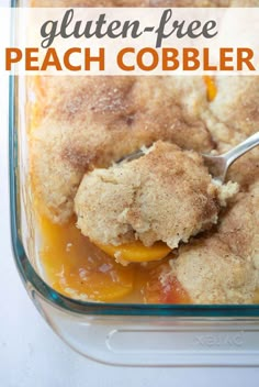 a casserole dish with peach cobbler in it