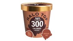 halo top ice cream with chocolate toppings in a gold foil container on a white background