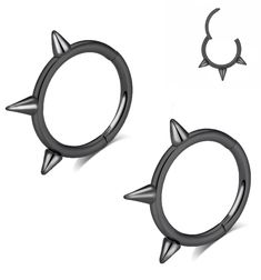 two pairs of black acrylic piercings with spikes on each side and an open circle