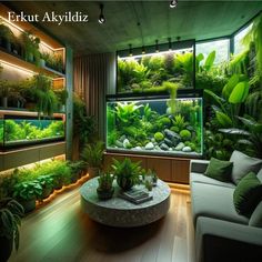 a living room filled with lots of plants next to a wall mounted fish tank in the corner