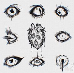 various types of eyes with the words dark written on them and an image of a human heart