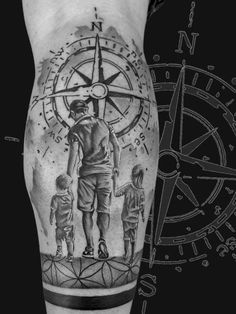 a man with a compass tattoo on his leg next to an image of two children