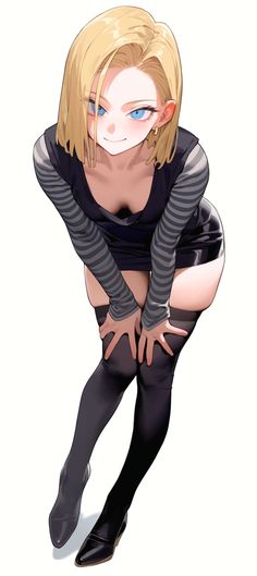 a woman with blonde hair and blue eyes is kneeling down in black stockings, tights and boots