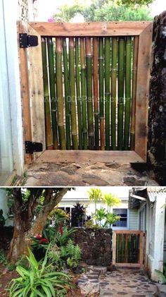 an outdoor gate made out of wood and bamboo sticks is shown in two different views