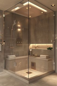 a bathroom with a walk in shower next to a white toilet and sink under lights