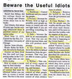 a newspaper article with the words beware the useful idiotts in yellow on it