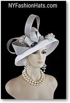 Couture Hats For Women, White Silver Gray Shaped Pillbox Wedding Bridal Hat Headpiece, Custom Luxury Millinery Hat By NYFashionHats, Milan White Bridal Hats, Silver Wide Brim Costume Hat With Adjustable Fit, Elegant Silver Hat For Kentucky Derby, Silver Wide Brim Adjustable Costume Hat, Silver Fitted Mini Hat For Kentucky Derby, Fitted Silver Mini Hat For Kentucky Derby, Elegant High Crown Adjustable Mini Hats, Silver Adjustable Wide Brim Costume Hat, Adjustable High Crown Silver Hat