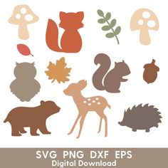 the svg woodland animals are shown in different colors