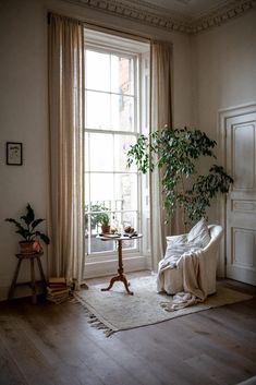 a living room with a couch, table and potted plant in the window sill