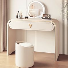 a white dressing table with a mirror and stool in front of it on a hard wood floor