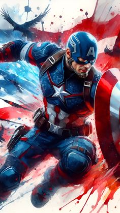 captain america is flying through the air with his arms out and one hand on his chest