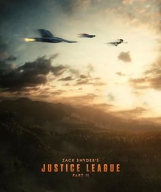 the movie poster for justice league, featuring two planes flying in the sky above trees