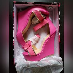 - Brand New, Never Worn - Hot Pink With Gold Accents - Zipper In The Back, Buckle At The Ankle - Smoke Free, Pet Free Home Pink Wedge Sandals, Pink Wedges, Wedge Sandal, Gold Accents, Wedge Sandals, Pink Ladies, Hot Pink, Wedges, Buckle