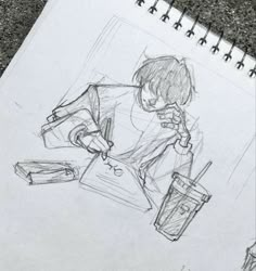 a drawing of a person sitting on the ground next to a cup with a drink in it