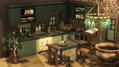 a kitchen with green cabinets and an island