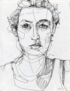 a black and white drawing of a woman's face with lines on the paper