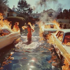 two women are in the water surrounded by fire and flames as cars drive down the street