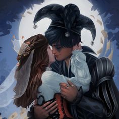 a man and woman are hugging in front of the moon with their heads wrapped around each other