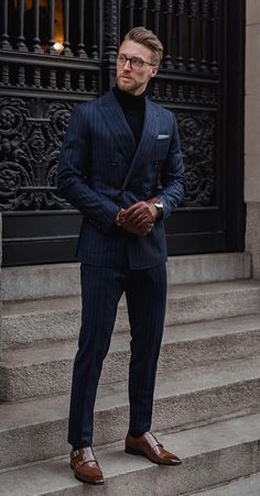 Blue Suit Designs For Men, Suit With Straps Men, Navy Blue Men Suit Outfit, Navy Blue Suit Styles For Men, New Suits For Men, Navy Blue Wedding Outfit Men, Blue Suit With Turtleneck Men, Black Suit Black Turtleneck Men, Mens Suits Color Combos