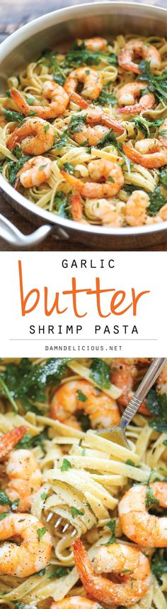 garlic butter shrimp pasta in a skillet