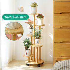 there is a plant stand in the corner with potted plants on it and an advertisement for water resistant