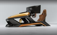 an orange and black futuristic vehicle with leather seats on the front, side and back ends