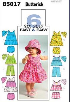 Infants Top, Dress, Panties, Shorts, Trousers and Hat. Butterick Sewing Pattern No. 5017. NB-S-M-L.From the '6 Sew Fast & Easy' range.Pullover top and dress have back neck openings, and machine stitched hems. Tops A,C: applique trim. Top and Trousers B: rick rack trim. Top C: ribbon trim. Dress D,E: ruffle. Dress and panties E: contrast lower section and contrast panties. Shorts, trousers, and panties have casing and elastic waist. Panties have casing and elastic leg. Hat is self-faced. Summer Sewing Patterns, Sundress Pattern, Sewing Dress, Hat Patterns To Sew, Sewing Patterns Girls, Baby Dress Patterns, Baby Top, Baby Clothes Patterns