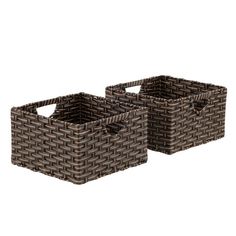 two brown wicker baskets sitting next to each other on a white background, one is empty