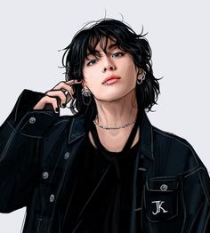 a drawing of a woman with black hair and piercings on her ear wearing a jacket