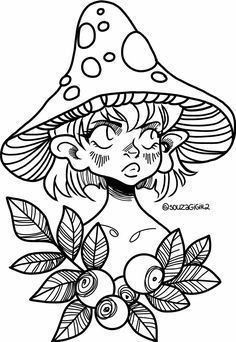 a black and white drawing of a girl wearing a mushroom hat