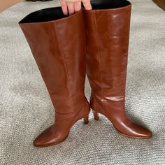 Size 39 Or Us Size 8. Knee High Leather Boots. Heel Height 3 Inches Upper 100% Leather Lining 80% Polyester, 20% Polyurethane Sole 100% Vulcanized Rubber Insole 100% Leather Fitted Cognac Leather Boots, Cognac Leather Heeled Boots For Work, Cognac Almond Toe Fitted Boots, Elegant Brown Heeled Boots By Zara, Leather Knee-high Heeled Boots With Branded Heel Counter, Leather Knee-high Heeled Boots With Branded Heel, Zara Brown Heeled Boots For Work, Classic Closed Toe Heeled Boots, Brown Zara Heeled Boots For Work