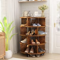 there are many pairs of shoes on the shelves in this room, and one pair is being used as a shoe rack