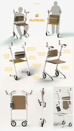 several different types of chairs with wheels and seats on them, all in different positions