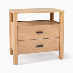 a wooden night stand with two drawers on one side and an open drawer on the other