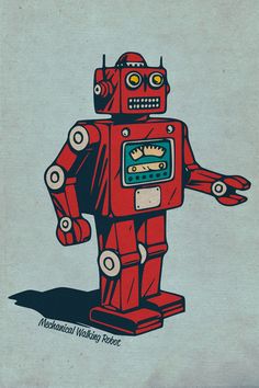 a red robot with yellow eyes is standing in front of a gray background and has the words mechanical working robot written on it