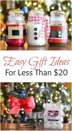 three jars with candles in them and the words easy gift ideas for less than $ 20