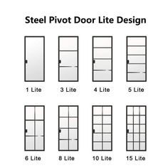 the sizes and measurements of steel pivot door lite design, showing different types of doors