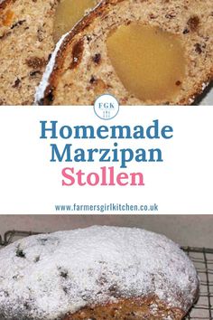 homemade marzipan stollen with powdered sugar on top and the text overlay reads, homemade marzipan stollen