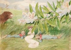 an image of children playing in the grass with animals and flowers behind them on a sunny day