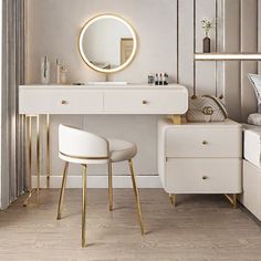 a bedroom with a vanity, mirror and stool