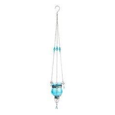 a blue glass hanging from a chain on a white background, with beads and chains attached to it