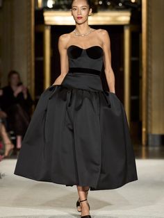 Demi Cup Drop Waist Tea Length Dress | Christian Siriano Black Tea Length Dress, Velvet Belt, Fall 2023 Ready To Wear, Tea Length Dress, 2023 Ready To Wear Collection, Demi Cup, 2023 Ready To Wear, Dressy Dresses, Christian Siriano