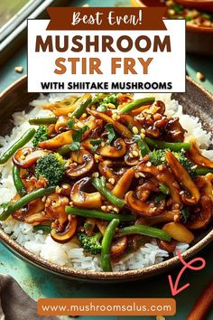 mushroom stir fry with white rice and broccoli in a bowl on a table