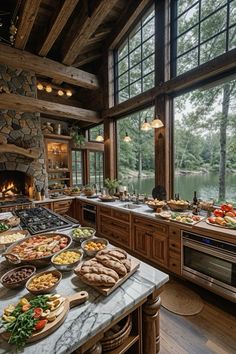 Rustic Kitchen Window, Lodge Kitchen, Kitchen View, Log Cabin Ideas, Ideal Kitchen, Dream Life House, House Arch Design, Cottage In The Woods, Kitchen Views