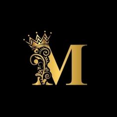 the letter m with a crown on it's head is shown in gold and black