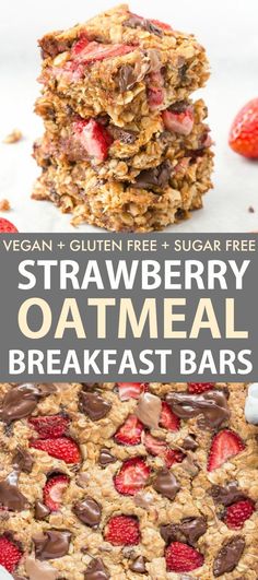 strawberry oatmeal breakfast bars stacked on top of each other with chocolate chips and strawberries