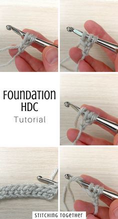 four pictures showing how to crochet the foundation hdc stitching together with yarn