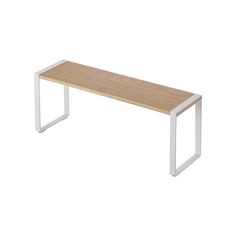 a wooden bench sitting on top of a white frame