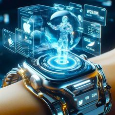 a person holding an apple watch in their hand with futuristic images on the display screen