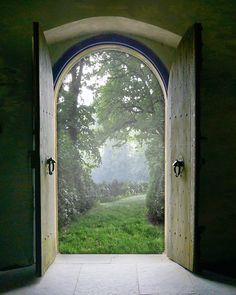 an open door leading to a lush green field